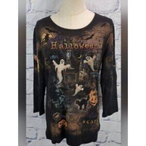 Women’s Halloween Top Haunted House Ghost Pumpkin LS  Tee Size L Y2K Studioe